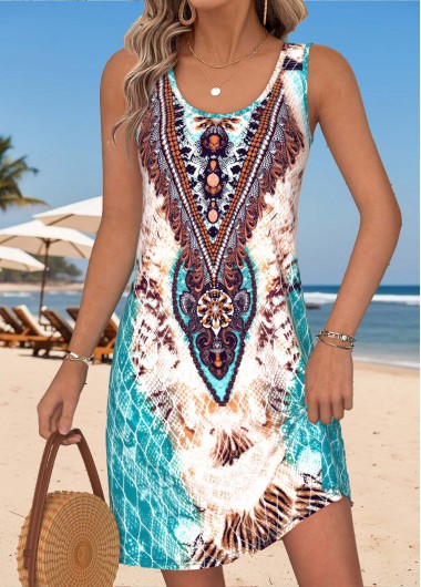 women clothes image of Multi Color Tummy Coverage Tribal Print Short Sleeveless Dress