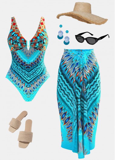 women clothes image of Tummy Control Tribal Print One Piece Swimwear and Skirt