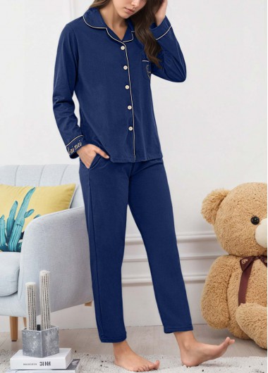 women clothes image of Dark Blue Letter Print Lounge Top and Pants