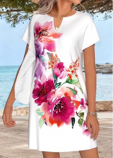 women clothes image of White Tummy Coverage Floral Print Short Split Neck Dress