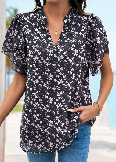 women clothes image of Black Ditsy Floral Print Tummy Coverage Short Sleeve Blouse