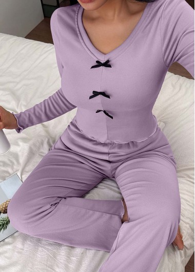 women clothes image of Purple Long Sleeve V Neck Lounge Top and Pants