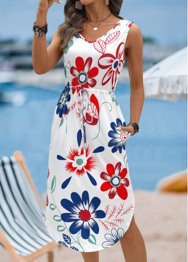 women clothes image of White Floral Print Pocket Sleeveless V Neck Dress