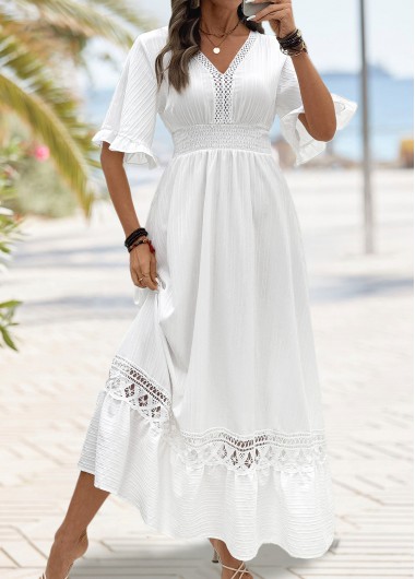 women clothes image of White Maxi Smocked Half Sleeve V Neck Dress