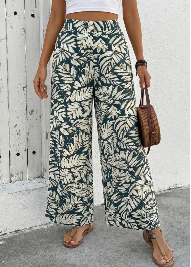 women clothes image of Turquoise Flowy Leaf Print Wide Leg Zipper Fly Pants