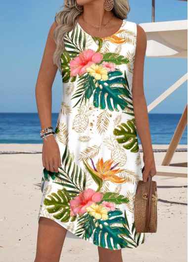 women clothes image of Multi Color Floral Print Sleeveless Round Neck Dress