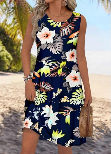 women clothes image of Multi Color Floral Print Sleeveless Round Neck Dress