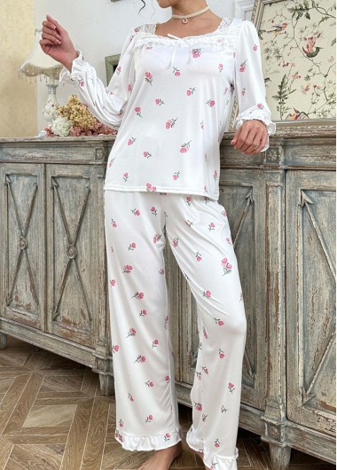 women clothes image of White Floral Print Long Sleeve Lounge Top and Pants