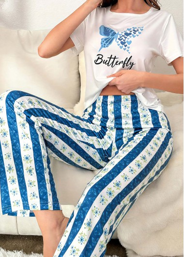 women clothes image of Blue Butterfly Print Short Sleeve Lounge Top and Pants