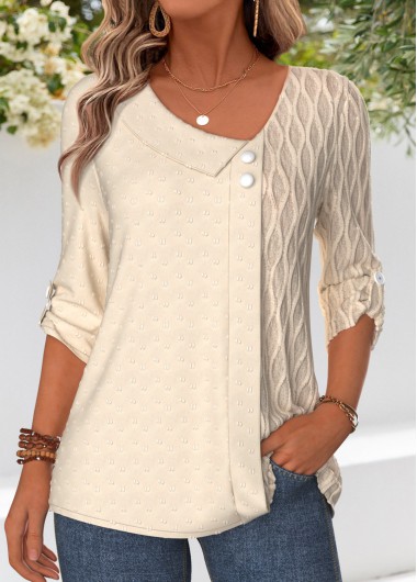 women clothes image of Beige Tummy Coverage 3/4 Sleeve Asymmetrical Neck Blouse