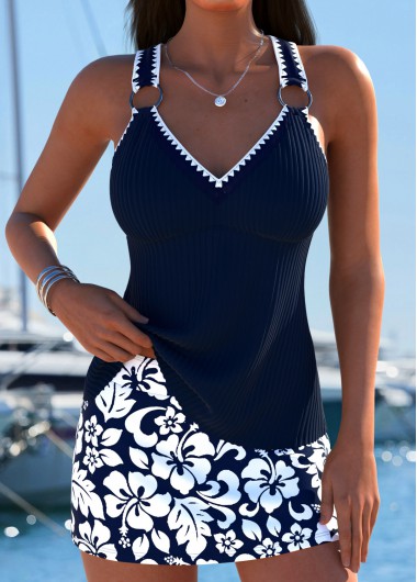 women clothes image of Lace Up Mid Waisted Tropical Plants Print Tankini Set