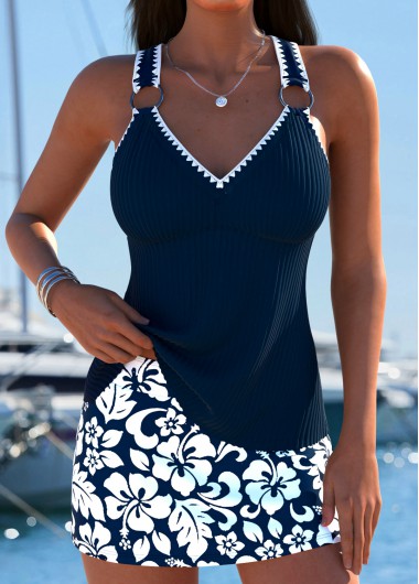 women clothes image of Lace Up Mid Waisted Tropical Plants Print Tankini Set