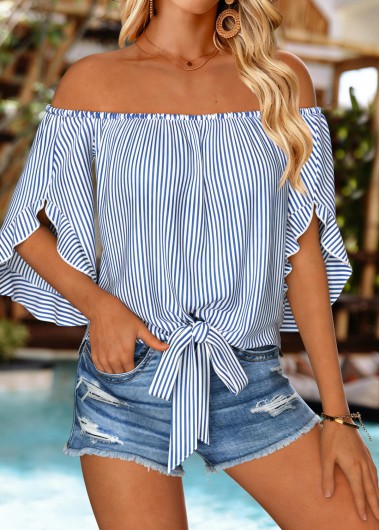 women clothes image of Blue Tie Striped Half Sleeve Off Shoulder Blouse