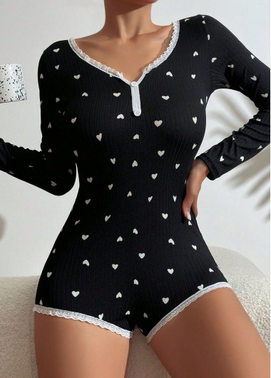 women clothes image of Black Heart Print Long Sleeve Split Neck Lounge Jumpsuits