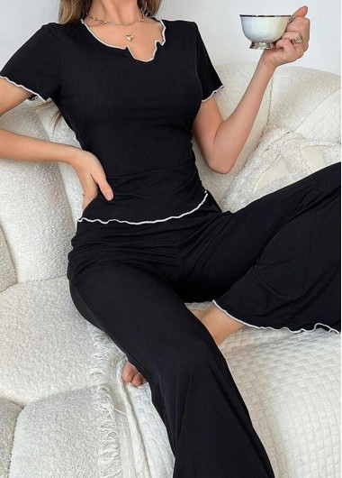 women clothes image of Black Short Sleeve Split Neck Lounge Top and Pants