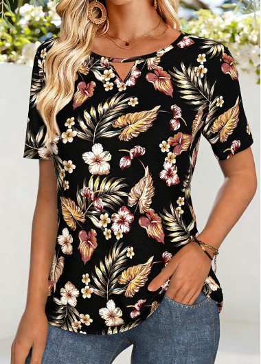 women clothes image of Black Tummy Coverage Floral Print Long Sleeve T Shirt