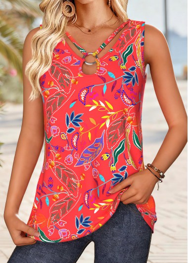 women clothes image of Coral Lace Up Leaf Print Sleeveless Tank Top