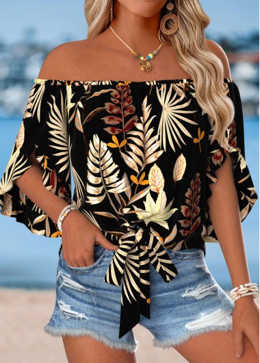 women clothes image of Multi Color Tie Plants Print Half Sleeve Blouse