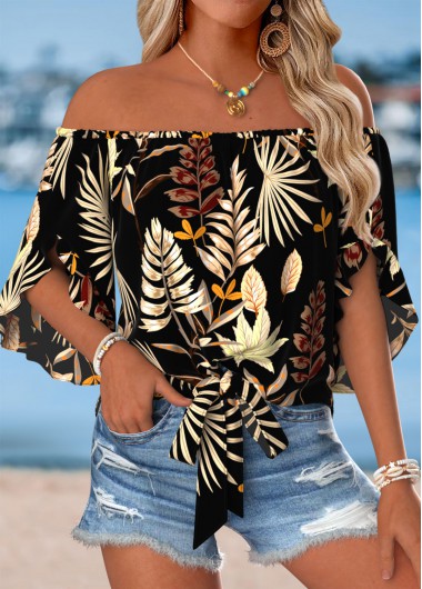 women clothes image of Multi Color Tie Plants Print Half Sleeve Blouse