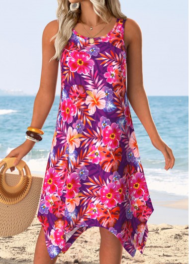 women clothes image of Hot Pink Handkerchief Hem Floral Print Sleeveless Dress