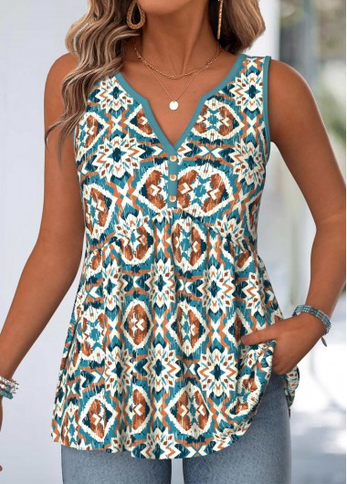 women clothes image of Multi Color Tummy Coverage Tribal Print Sleeveless Tank Top