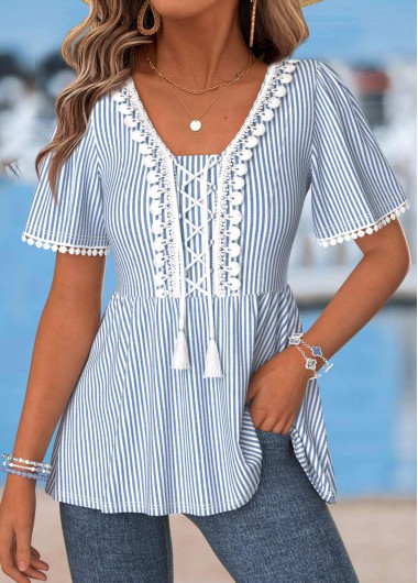 women clothes image of Light Blue Peplum Striped Short Sleeve T Shirt