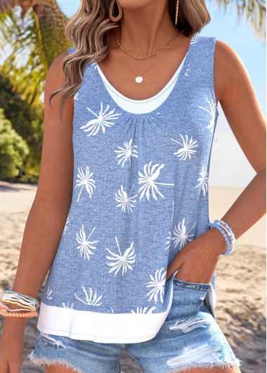 women clothes image of Blue Fake 2in1 Tropical Plants Print Sleeveless Tank Top