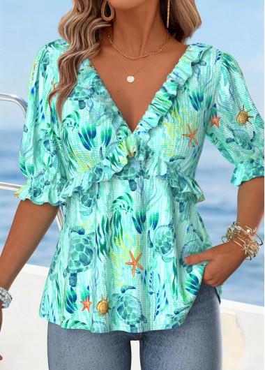 women clothes image of Green Ruffle Marine Life Print Half Sleeve Blouse