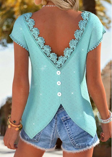 women clothes image of Cyan Handkerchief Hem Short Sleeve V Neck T Shirt