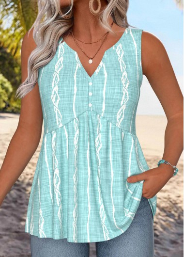 women clothes image of Mint Green Peplum Tribal Print Sleeveless Tank Top