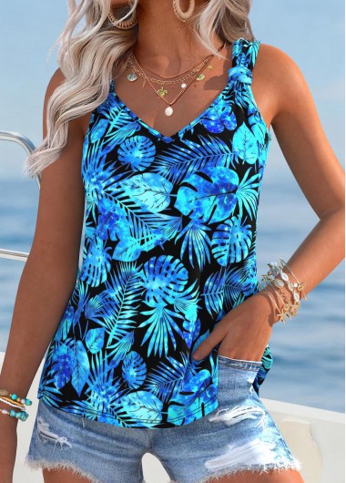 women clothes image of Sky Blue Tummy Coverage Leaf Print Sleeveless Tank Top