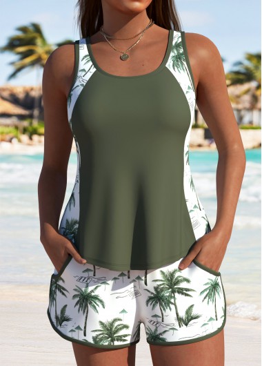 women clothes image of Pocket Mid Waisted Tropical Plants Print Tankini Set