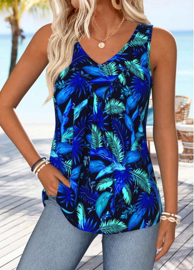 women clothes image of Dark Blue Tummy Coverage Leaf Print Sleeveless Tank Top