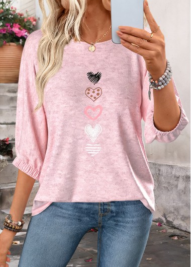 women clothes image of Light Pink Tummy Coverage Geometric Print 3/4 Sleeve Blouse