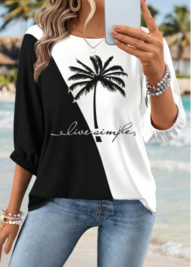 women clothes image of Black Tummy Coverage Tropical Plants Print 3/4 Sleeve Blouse