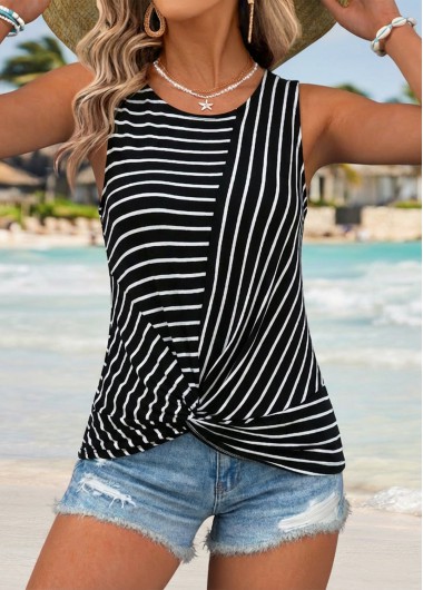 women clothes image of Black Tummy Coverage Striped Sleeveless Round Neck Tank Top
