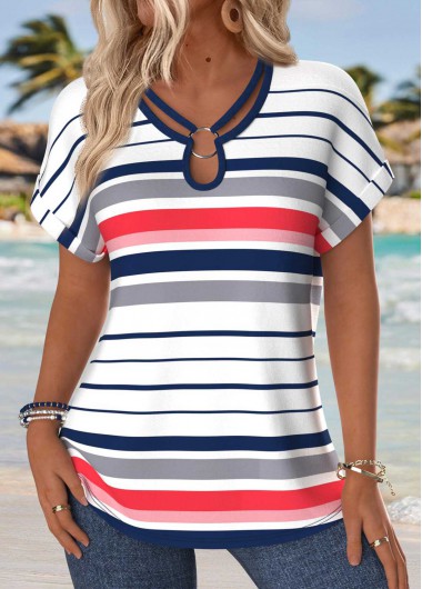 women clothes image of Multi Color Tummy Coverage Striped Short Sleeve Blouse