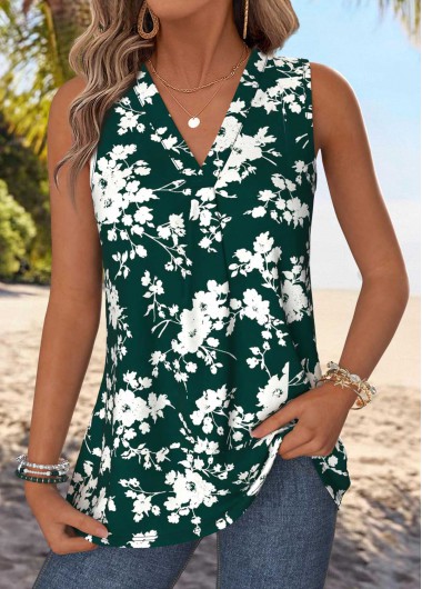 women clothes image of Green Tummy Coverage Floral Print Sleeveless Tank Top