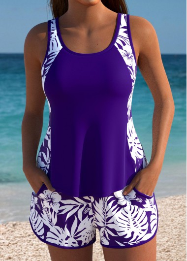 women clothes image of Mid Waisted Floral Print Dark Purple Tankini Set