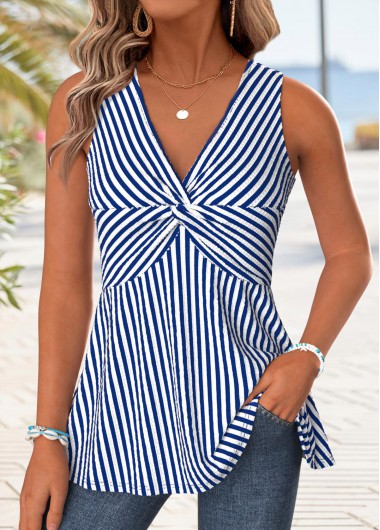 women clothes image of Navy Tummy Coverage Striped Sleeveless V Neck Tank Top