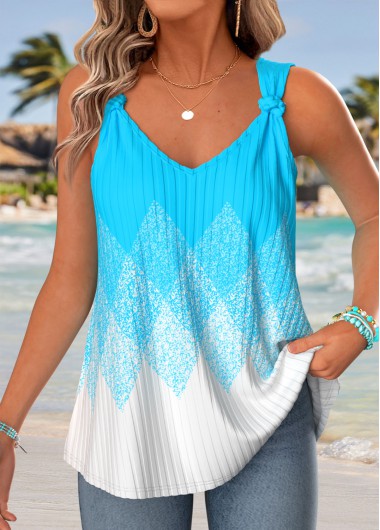 women clothes image of Blue Tie Geometric Print Strappy V Neck Tank Top