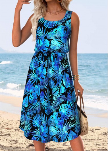 women clothes image of Blue Tummy Coverage Leaf Print Sleeveless Round Neck Dress
