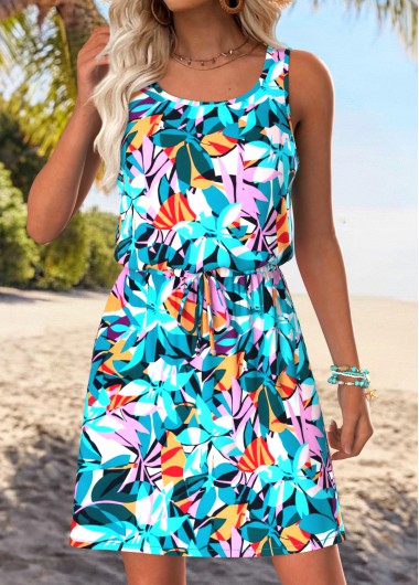 women clothes image of Multi Color Tummy Coverage Leaf Print Short Sleeveless Dress