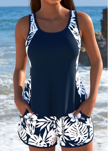 women clothes image of Plus Size Mid Waisted Tummy Coverage Navy Tankini Set