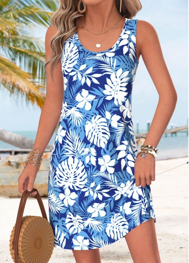 women clothes image of Blue Tummy Coverage Floral Print Short Sleeveless Dress