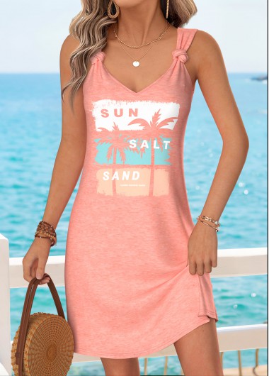 women clothes image of Dusty Pink Tummy Coverage Tropical Plants Print Short Dress