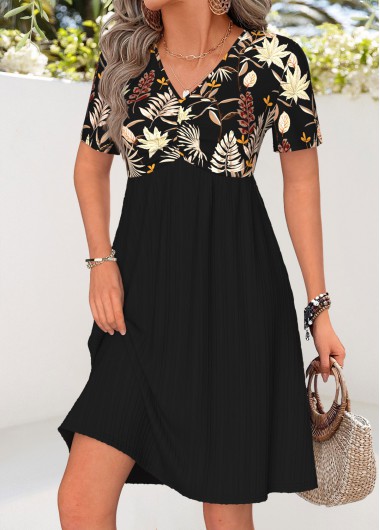 women clothes image of Black Tummy Coverage Floral Print Short V Neck Dress