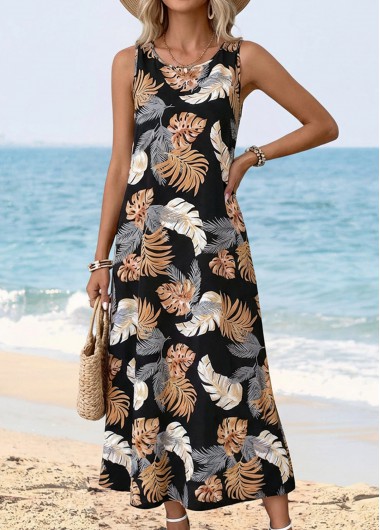 women clothes image of Black Tummy Coverage Leaf Print Sleeveless Round Neck Dress