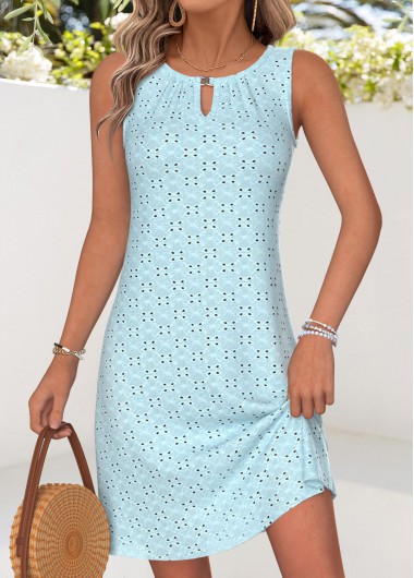 women clothes image of Light Blue Tummy Coverage Short Sleeveless Round Neck Dress