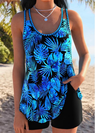 women clothes image of Tummy Coverage Blue Tropical Plants Print Tankini Set